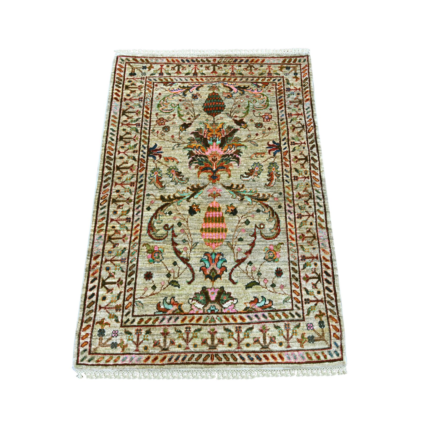 2'8"x4' Light Green, Afghan Sultani with Directional Vase Design, Hand Knotted, Denser Weave, Vegetable Dyes, Soft Wool, Sample, Mat, Oriental Rug 